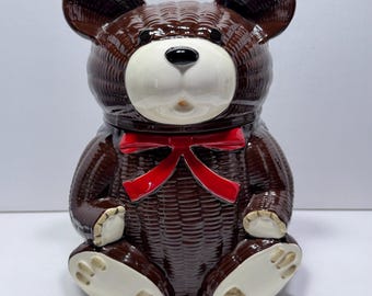 Tarro para galletas vintage de cerámica marrón con forma de oso de peluche de Otagiri, Japón.