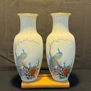 A Pair Of Vintage Japanese White Porcelain Hand Painted Peacock Vases
