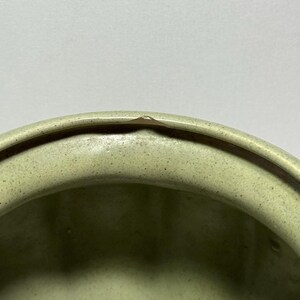 May include: Close-up of a light green ceramic bowl. The bowl has a rounded shape with a slightly textured surface. The rim of the bowl has a small chip. The interior of the bowl is a darker shade of green.