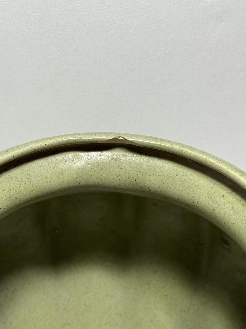 May include: Close-up of a light green ceramic bowl. The bowl has a rounded shape with a slightly textured surface. The rim of the bowl has a small chip. The interior of the bowl is a darker shade of green.