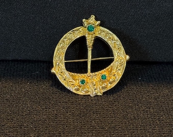 Vintage Gold Celtic Brooch With Green Gemstones