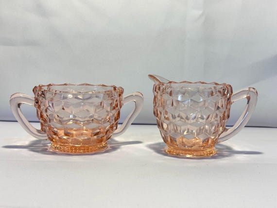 Pink Diamond Pattern Depression Glass Cream and Sugar Set