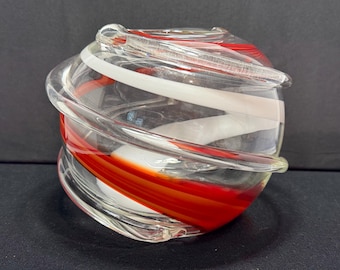 Hand Blown Red, White and Clear Swirl Sphere Bowl