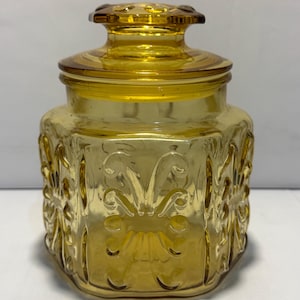 L.E. Smith Honey Amber Glass Atterbury Scroll Imperial Glass Lidded Canister