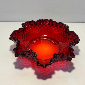 Vintage Fenton Ruby Red Hobnail Ruffle Edge Glass Candy Dish