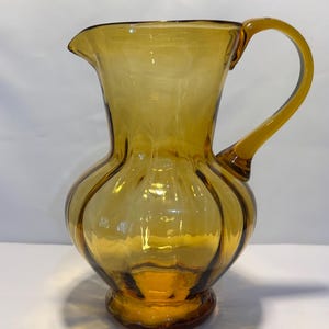 Hand Blown Amber Glass Pitcher Vase with Applied Handled