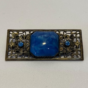 Vintage Victorian Brass filigree Blue Czec stone Brooch