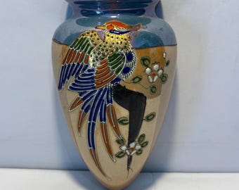 Vintage Japanese Lusterware Wall Pocket Vase with Hand Painted Phoenix