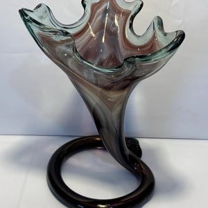 Blue Green Amethyst and White Swirl Hand Blown Trumpet Vase with Coil Base