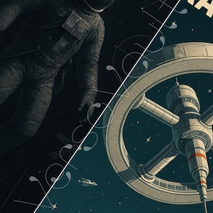Retro-futuristische ruimteposters – Ruimtestation, astronauten en sterrenkaarten – A4- en A3-formaat