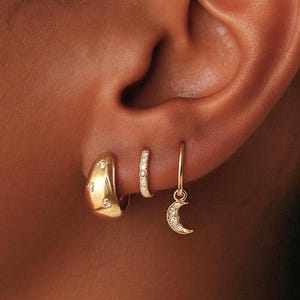18k Gold Plated Celestial Earring Set, CZ Huggie Hoop Earring Set, Silver Stacked Earrings, Minimalist Dangle Earrings, Matching Gift Set