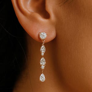 Dainty Diamond Dangle Drop Earrings, 18k Gold Wedding Earrings, Minimalist Marquise Birthstone Earrings, Bridesmaids Gift for Her