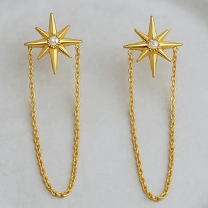 Orecchini a forma di stella con diamanti placcati in oro 18 carati, orecchini pendenti con catena in argento sterling, delicati gioielli celestiali, regalo di compleanno per la mamma.