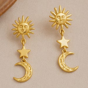 Orecchini pendenti celestiali placcati in oro 18 carati, orecchini pendenti in argento sterling, delicati gioielli estivi in stile boho, regalo di compleanno per la mamma.
