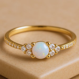 Dainty Opal Diamond Ring, Delicate 18k Gold Plated Opal Ring, Sterling Silver Birthstone Jewelry, Bridesmaids Ring, Birthday Gift for Mom