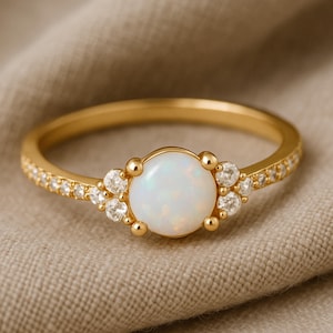 18k Gold Diamond Opal Ring, Minimalist Birthstone Jewelry, Dainty Stacking Gemstone Ring, Gift for Her, Birthday Gift for Mom