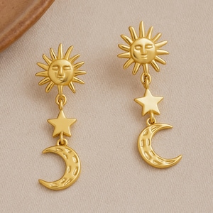 Orecchini Sole Luna Stella in oro 18k, orecchini pendenti celestiali, gioielli estivi Boho, orecchini pendenti delicati, gioielli in argento Sterling, regalo per lei