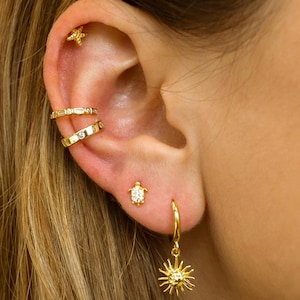 Stackable Celestial Huggie Hoop Earring Set, Starburst Dangle Hoop Earring, 18k Gold Ear Stack, Dainty Ear Cuff, Birthday Gift for Mom