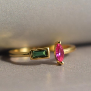 Duo Toi et Moi Birthstone Ring, Unique 18k Gold Birthstone Ring, Dainty Minimalist Jewelry, Thin Baguette Birthstone Ring