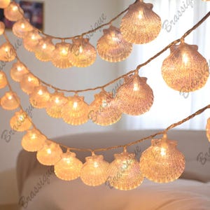 Könnte beinhalten: Eine Lichterkette mit weißen Muschel-förmigen Lichtern mit warmweißen LED-Lampen. Die Lichter sind mit einem klaren Draht verbunden und perfekt, um jedem Raum einen Hauch von Verspieltheit zu verleihen.