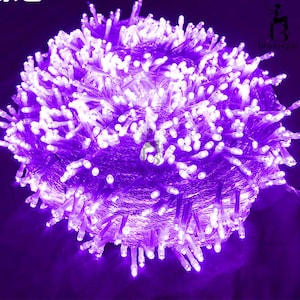 Può includere: Una densa bobina circolare di luci a stringa caratterizzata da numerose piccole lampadine LED viola brillante. Le luci sono avvolte strettamente insieme, creando una sfera vibrante e luminosa di intensa illuminazione color violetto.