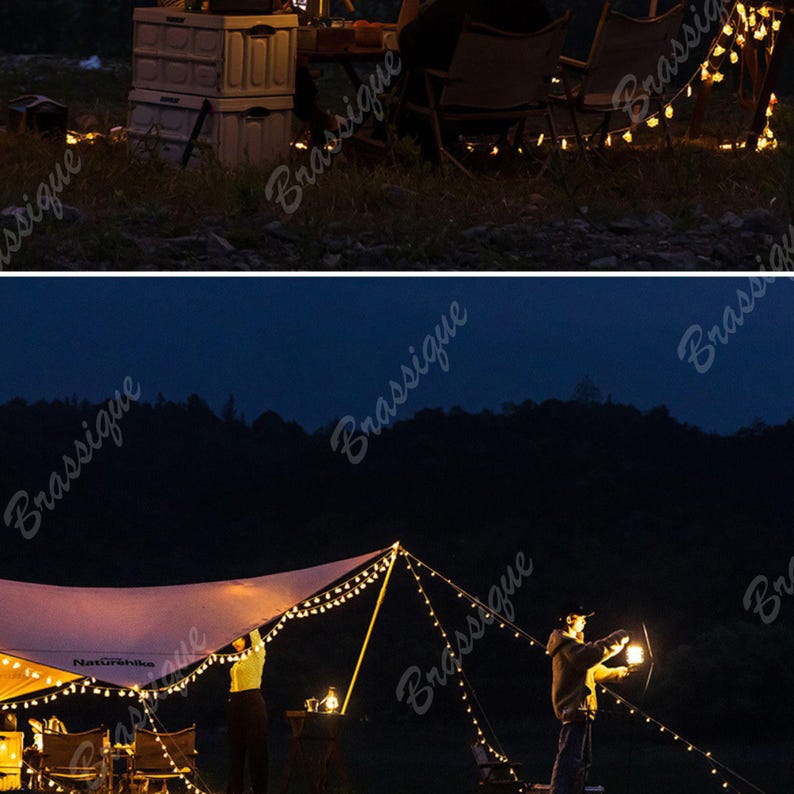 May include: Nighttime camping scene with a tent illuminated by string lights. A person is holding a lantern. The scene includes camping chairs, storage containers, and a dark background of trees and a night sky.
