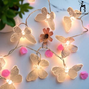May include: A string of LED fairy lights featuring translucent butterfly-shaped covers with intricate wing patterns. Each butterfly glows with a warm white light. Scattered pink flower petals and a single small brown flower are visible.
