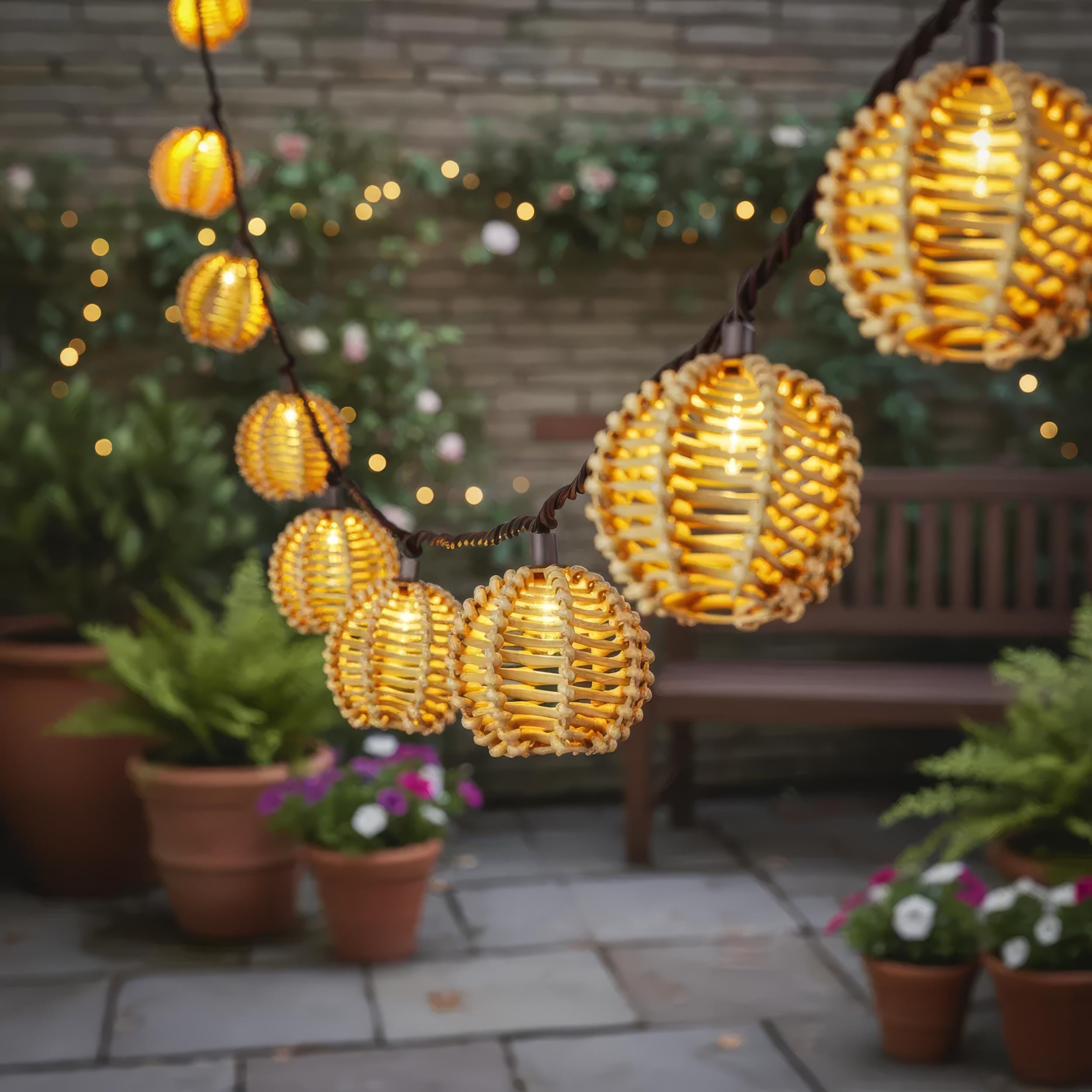 String Light Wicker Solar Powered Brown Rattan String Lights – Led Outdoor Waterproof ...