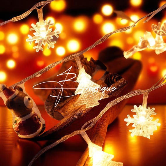 Weihnachtslichterkette, Lichterkette, warmweiße Schneeflocken, Sterne, Baumkugeln, Girlande, festliche Kaminsims- und Weihnachtsdekoration