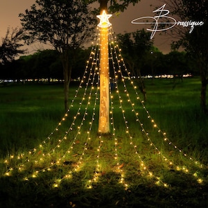 May include: A tree trunk decorated with warm white string lights, arranged in a Christmas tree design. A star-shaped light is at the top. The lights glow against the green grass and trees, creating a festive outdoor scene.
