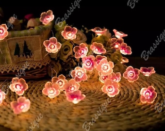 Pink Flower LED String Lights: Copper Wire Fairy Lights, Battery Operated