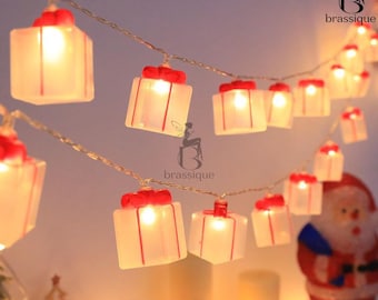 Xmas String Lights Christmas Gift Box Light Garland Red Bow Present Fairy Lights Holiday Window Display Mantel Decor Stocking Stuffer