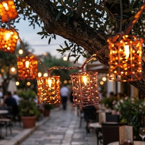 Puede incluir: Guirnalda de luces con pantallas decorativas en forma de linterna de color cobre colgadas de una rama de árbol. Las luces están encendidas, emitiendo un brillo cálido. El fondo muestra un restaurante.