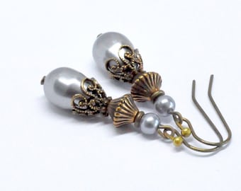 Victorian Gray Pearl Drop Earrings, Light Gray Teardrop Dangle Earrings, Pear Pearl, Antiqued Brass, Stacked Beads, Bridesmaid Jewelry