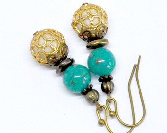 Gold and Turquoise Bead Drop Earrings, Stacked Bead Earrings, Vintage Blue Speckled Beads, Gold Filigree Wrapped Pearl Bead, Antiqued Brass,