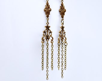 Antique Brass Fringe Earrings, Chandelier Earrings, Long Chain Earrings, Chain Fringe Earrings, Bohemian Dangle Earrings, Statement Earrings