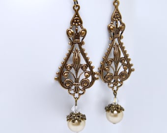 Long Antique Brass Filigree Earrings, Art Deco Pearl Earrings, Renaissance Revival, Victorian Earrings, Vintage Weddings, Bridal Jewelry