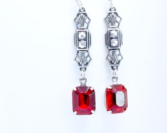 Art Deco Siam Ruby Earrings, Antiqued Silver, Red Dangle Earrings, Octagon Crystal Rhinestone Earrings, Victorian, Art Nouveau Jewelry Gift