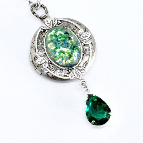 Emerald Fire Opal Locket Necklace, Emerald Locket,Teardrop Rhinestone, May Birthstone Jewelry, Antiqued Silver Oval Locket, Victorian
