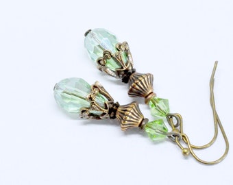 Light Peridot Crystal Drop Earrings, Light Green Dangle Earrings, Victorian Earrings, Antiqued Brass, Stacked Beads, Prom Bridesmaid Jewelry