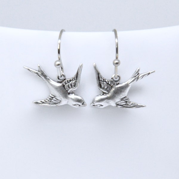 Simple Bird Earrings, Antique Silver Bird Earrings, Lovebird Earrings, Flying Bird Earrings, Sparrow, Swallow, Woodland Nature Inspired Gift