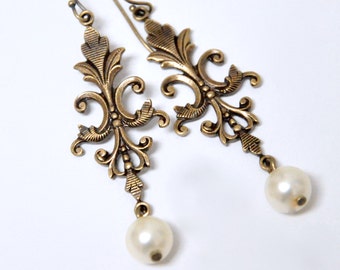 Art Deco Pearl Dangle Earrings, Ivory Pearl Earrings, Chandelier Earrings, Antique Brass Victorian Earrings, Vintage Wedding Bridal Jewelry