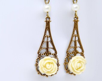 Yellow Rose Earrings, Ivory Cream Flower Earrings, Victorian Antiqued Brass Filigree, White Pearl Earrings, Bridesmaid Jewelry Gift