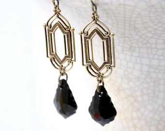 Jet Black Crystal Dangle Earrings: Antiqued Brass Filigree, Vintage Style Art Deco Jewelry, Swarovski Baroque