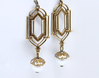 Art Deco White Pearl Dangle Earrings, Antiqued Brass Filigree, Art Nouveau Earrings, Long Pearl Earrings, Victorian Style Bridal Jewelry