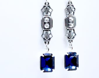 Boucles d'oreilles Art déco saphir du Montana, argent vieilli, strass bleu foncé, cristaux octogonaux, bijoux de style vintage