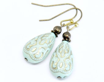 Light Green Teardrop Earrings, Green and Gold Lace Earrings, Victorian Earrings, Antique Brass, Seafoam, Bohemian Earrings, Art Nouveau