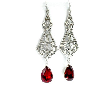 Red Crystal Victorian Earrings: Gothic Ruby Rhinestone Jewelry