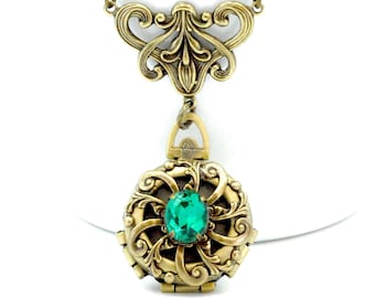 Four Photo Locket Necklace: Emerald Green Rhinestone, 4 Picture Keepsake Locket, Vintage Style Jewelry, Antiqued Brass, May Birthstone