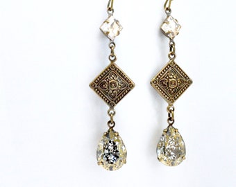 Art Deco Dangle Earrings, Gold Patina Earrings, Swarovski Golden Shadow Earrings, Teardrop Pear Rhinestone, Antiqued Brass Square Earrings